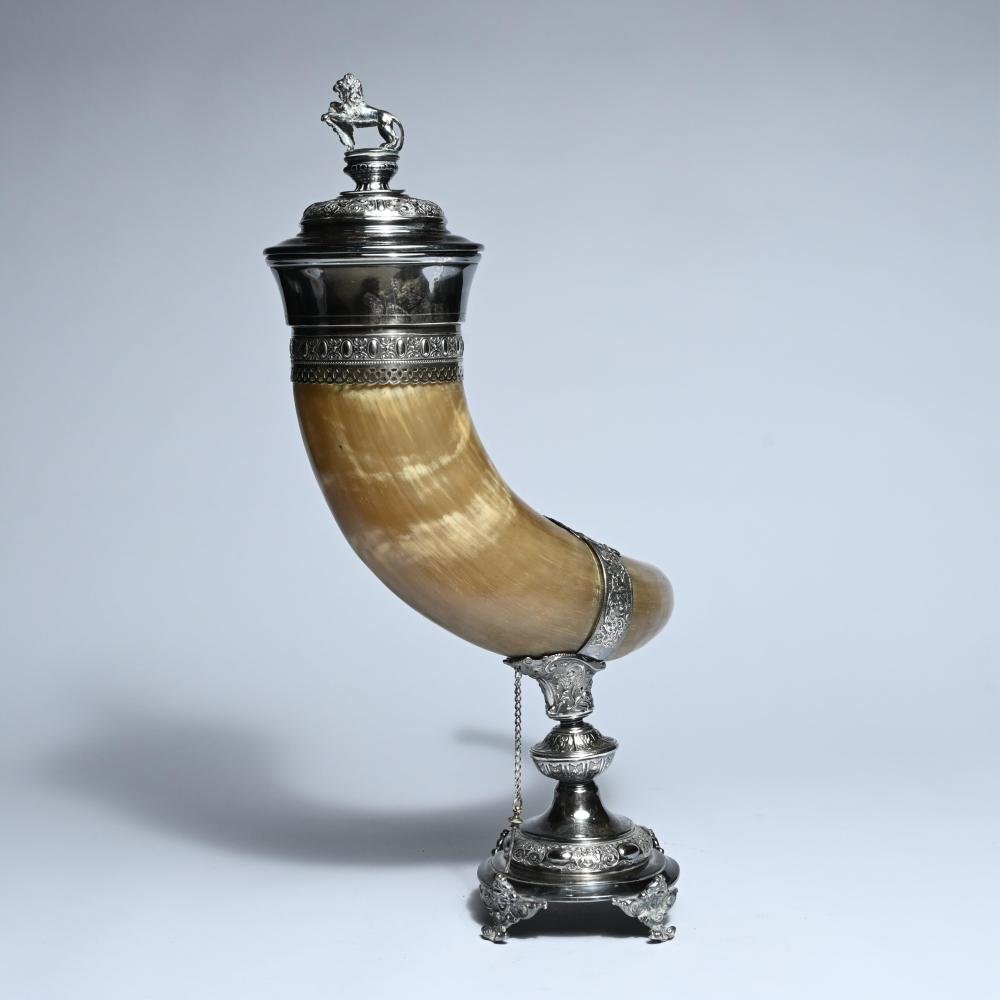 2 Decorative Drinking Horns On A Silver Base, Late 19th Century-photo-8