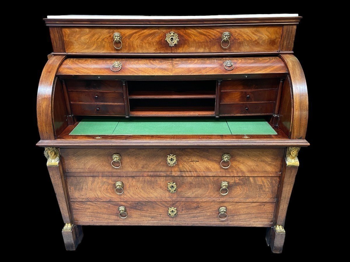 Large Empire-style Desk, Hallmarked, Made Of Mahogany And Gilded Bronze.-photo-3