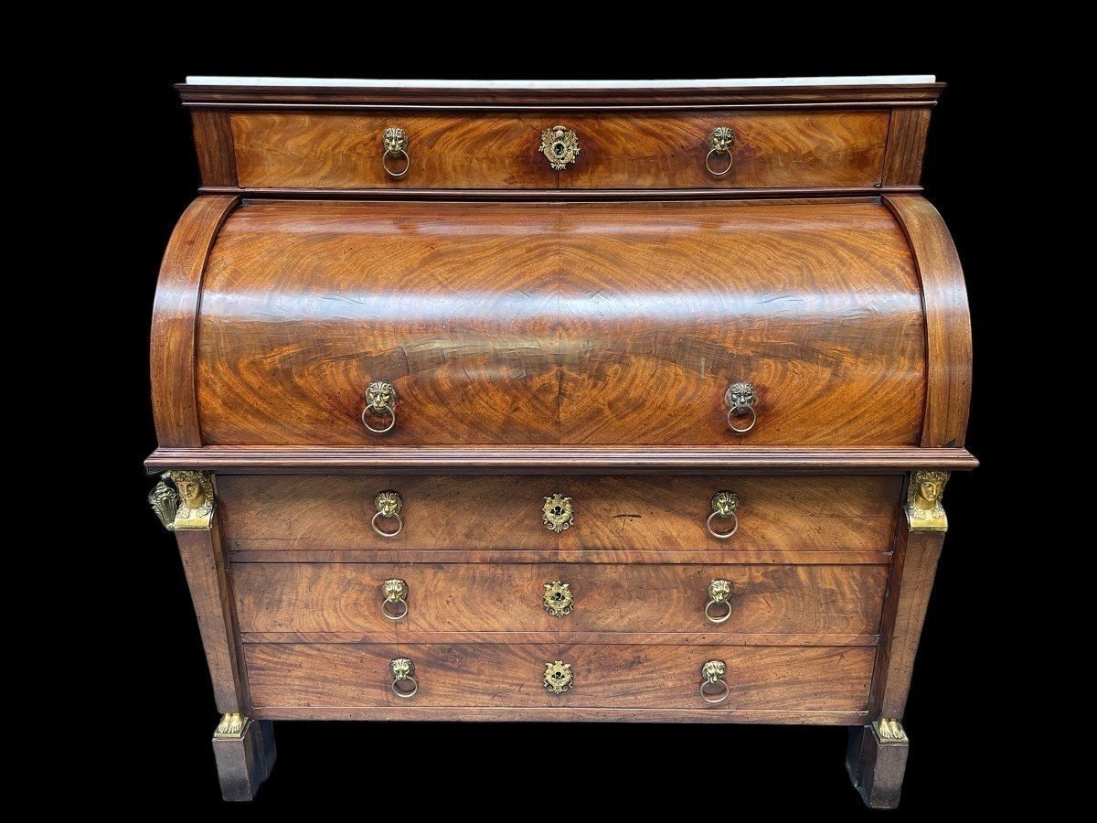 Large Empire-style Desk, Hallmarked, Made Of Mahogany And Gilded Bronze.
