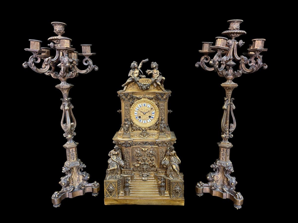 Garniture de cheminée romantique en bronze Napoléon III
