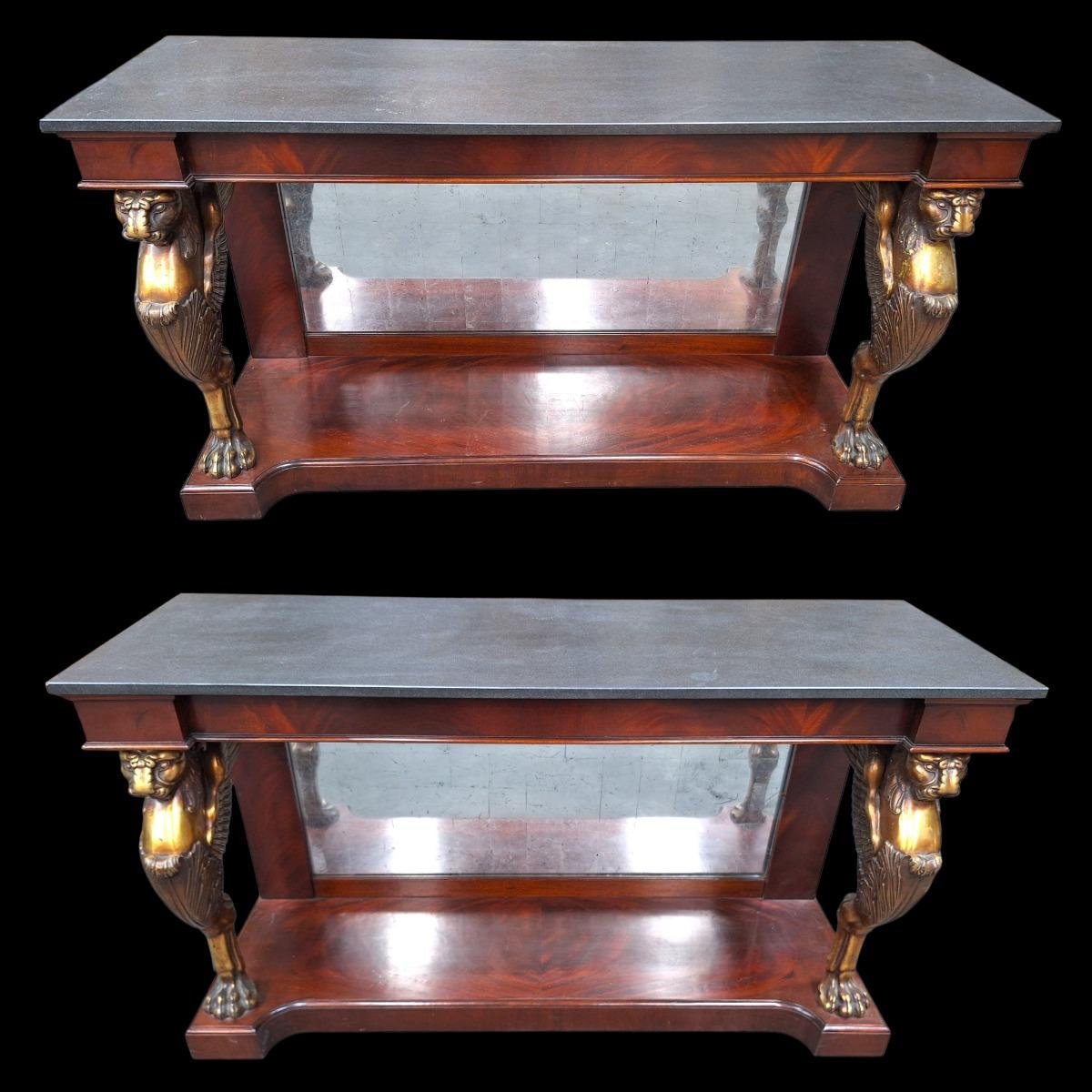 Pair Of Empire-style Mahogany Side Tables, 19th Century-photo-2
