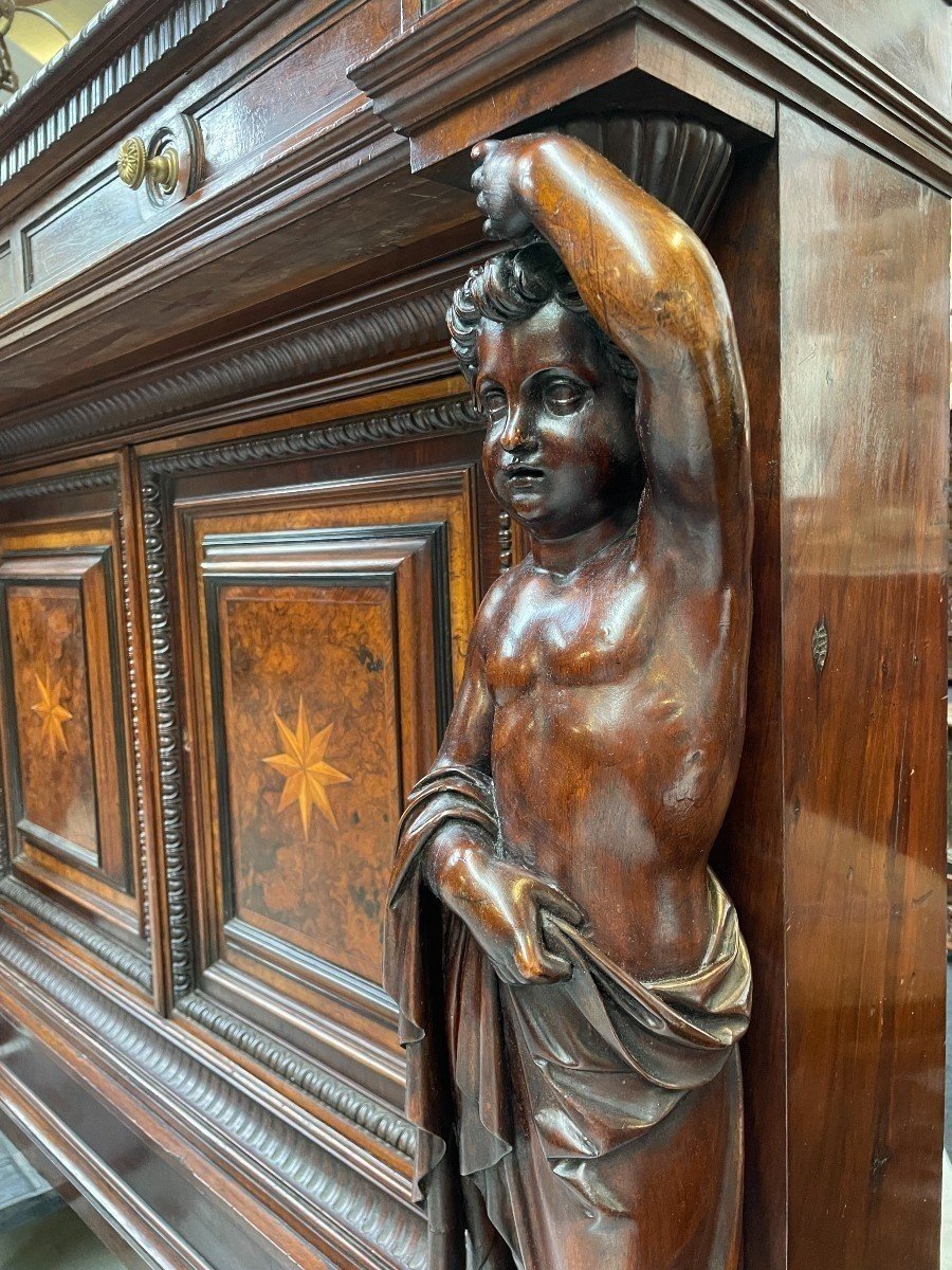 Special Cabinet With Two Large Walnut Sculptures, 19th Century.-photo-4