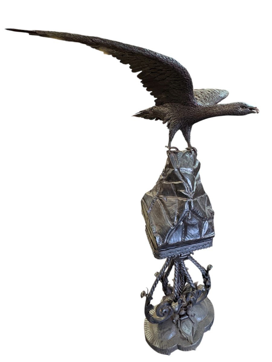 Grand aigle sur rocher et socle en fer forgé, XIXe siècle. ( 200 cm )-photo-2