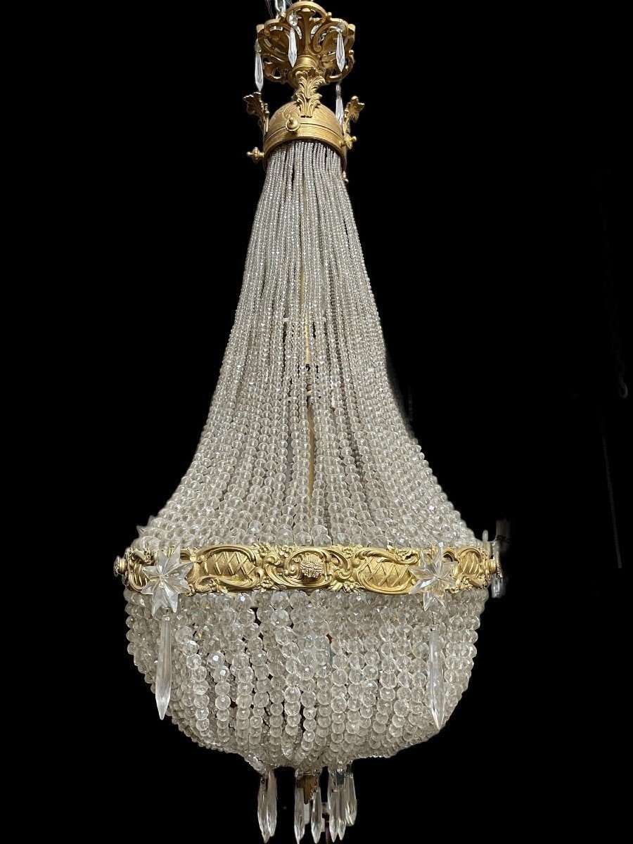 Grand Lustre " Sac à Perle " En Bronze Et Cristal Fin 19ème.-photo-2