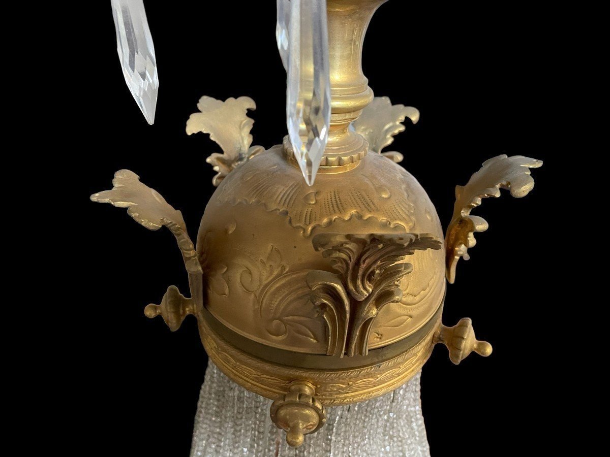 Grand Lustre " Sac à Perle " En Bronze Et Cristal Fin 19ème.-photo-3