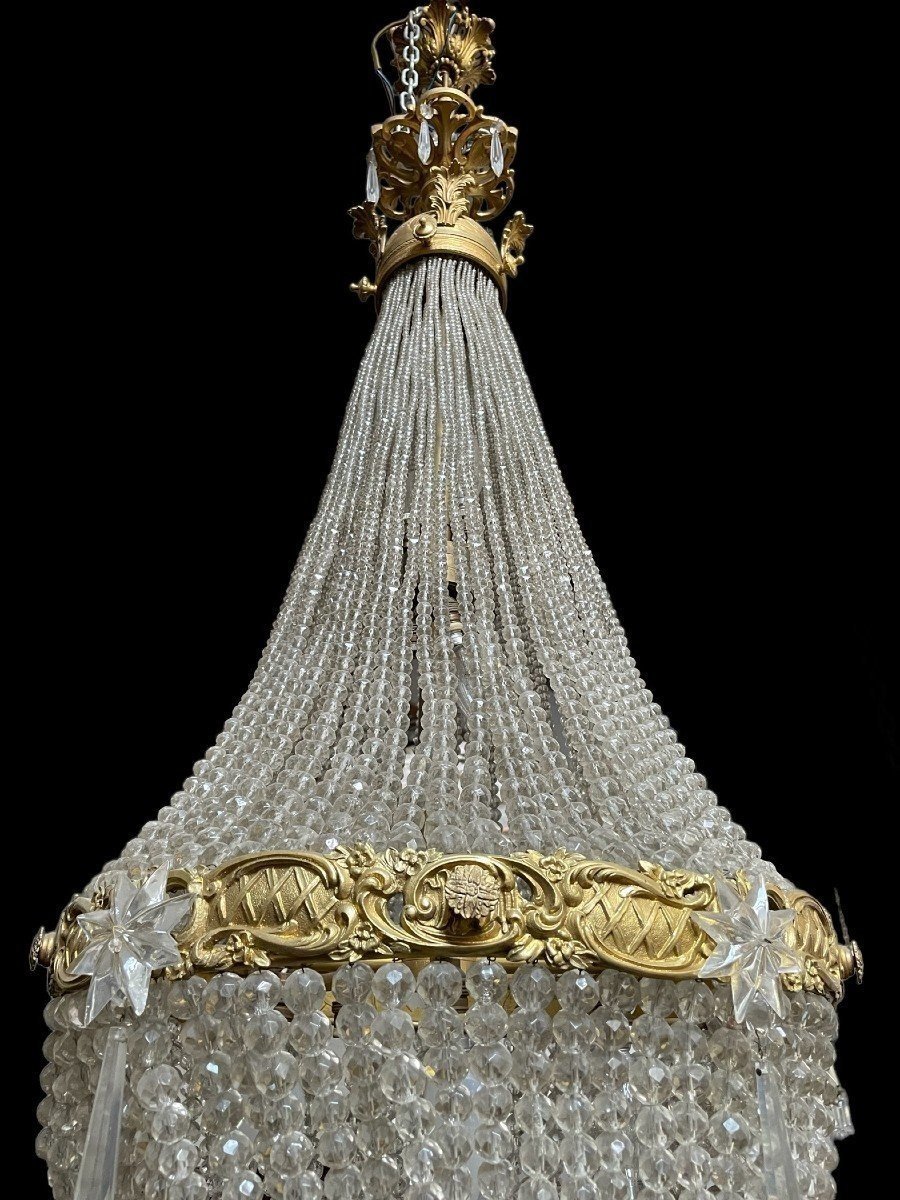 Grand Lustre " Sac à Perle " En Bronze Et Cristal Fin 19ème.-photo-1