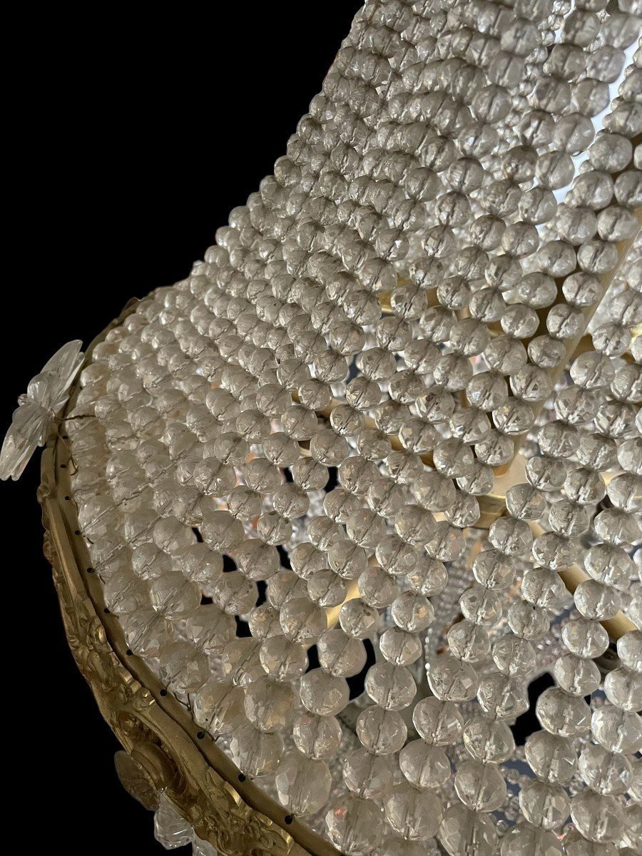 Grand Lustre " Sac à Perle " En Bronze Et Cristal Fin 19ème.-photo-2