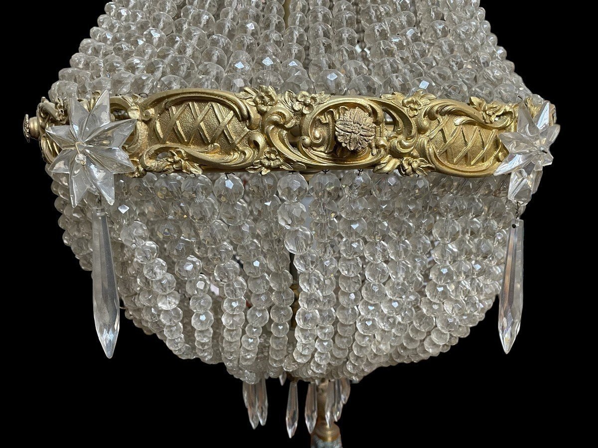Grand Lustre " Sac à Perle " En Bronze Et Cristal Fin 19ème.-photo-3
