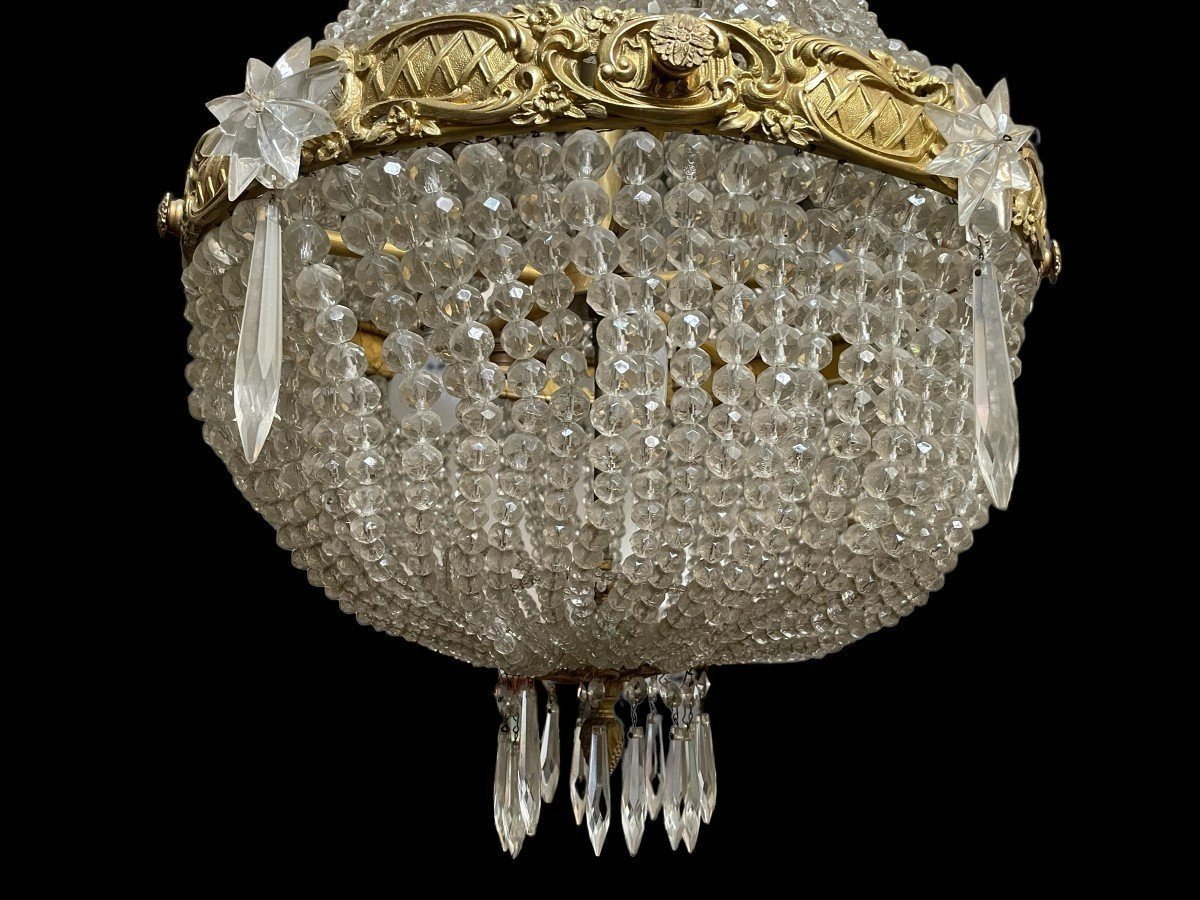 Grand Lustre " Sac à Perle " En Bronze Et Cristal Fin 19ème.-photo-4
