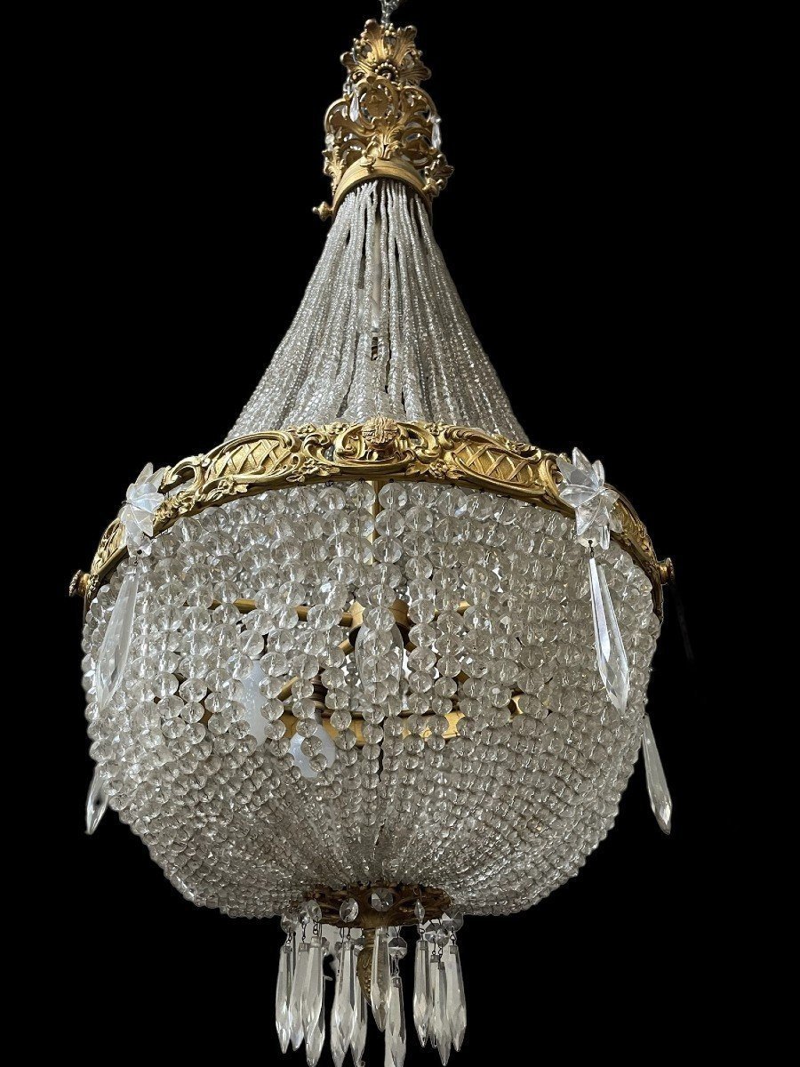 Grand Lustre " Sac à Perle " En Bronze Et Cristal Fin 19ème.-photo-7