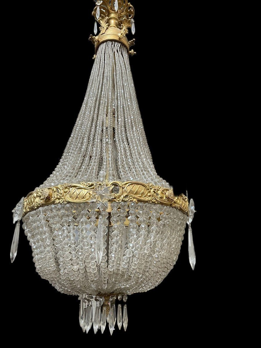 Grand Lustre " Sac à Perle " En Bronze Et Cristal Fin 19ème.