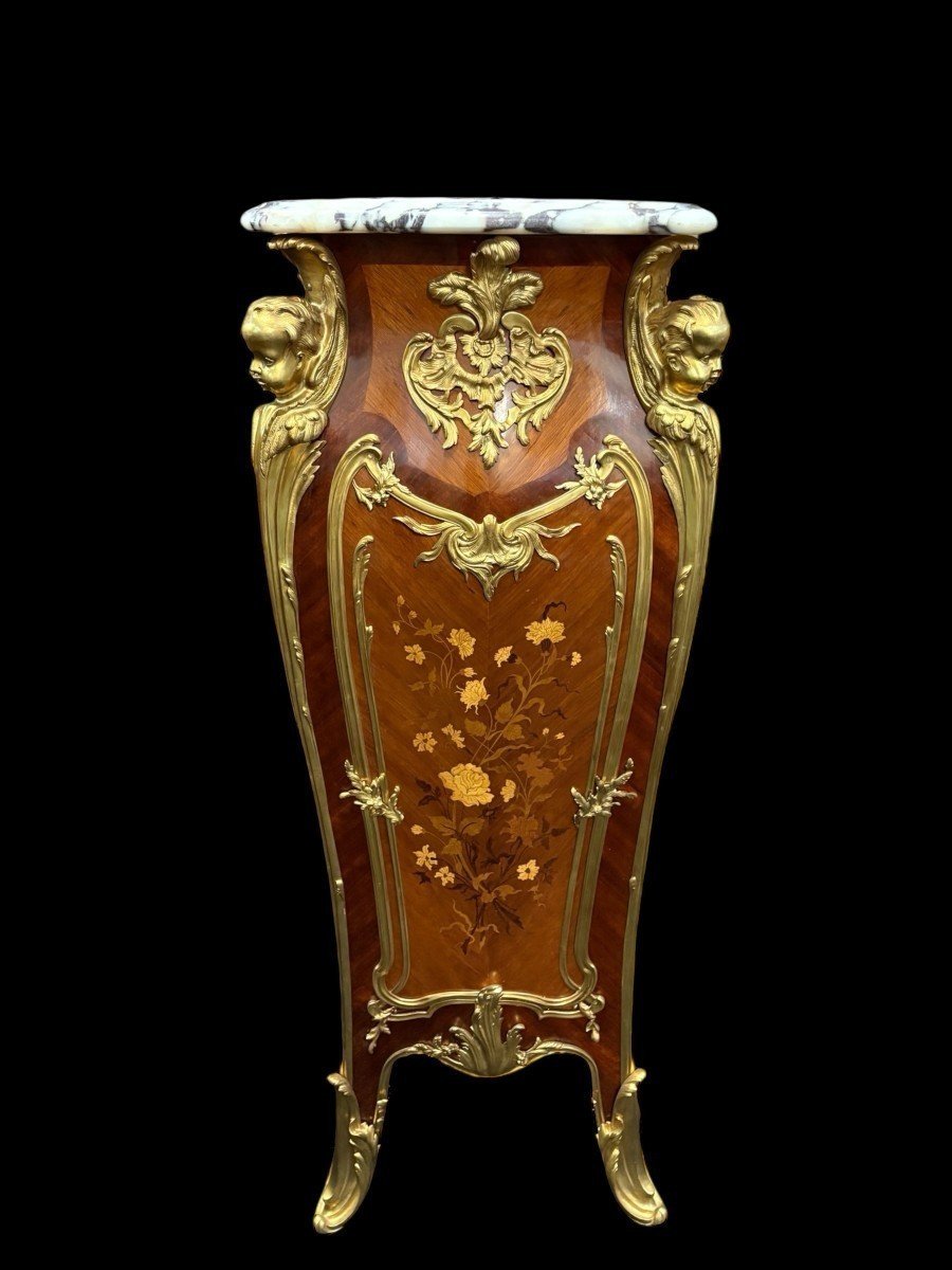 Pair Of Large Louis XV-style Columns In Marquetry And Bronze, 20th Century.-photo-2