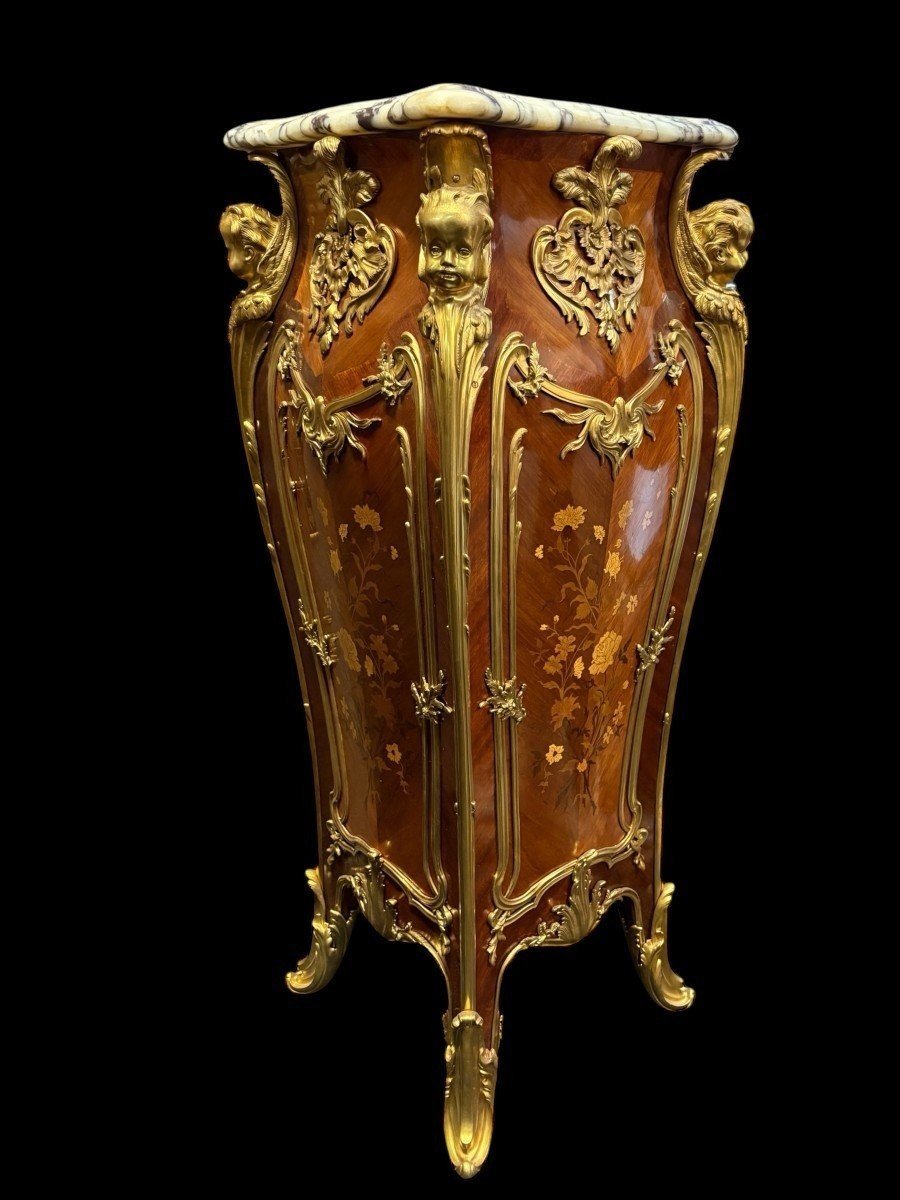 Pair Of Large Louis XV-style Columns In Marquetry And Bronze, 20th Century.-photo-3