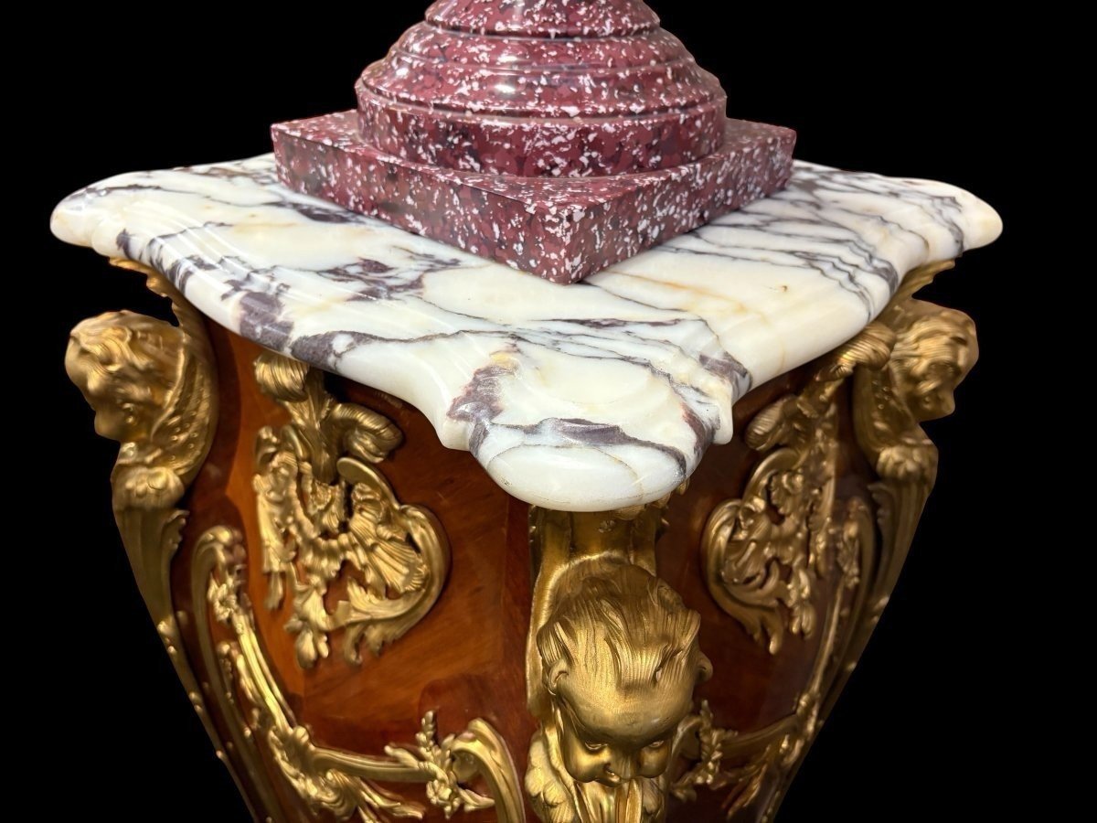 Pair Of Large Louis XV-style Columns In Marquetry And Bronze, 20th Century.-photo-4