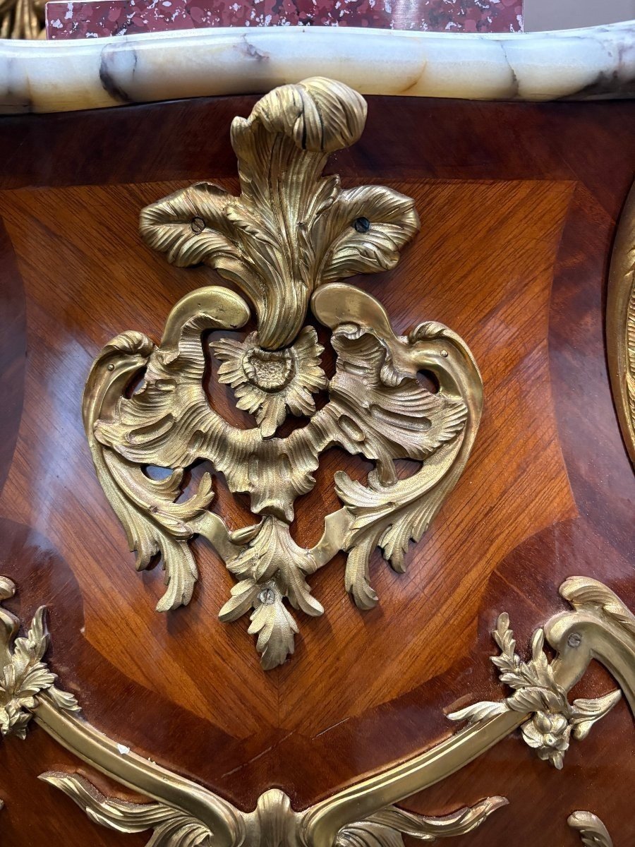 Pair Of Large Louis XV-style Columns In Marquetry And Bronze, 20th Century.-photo-2