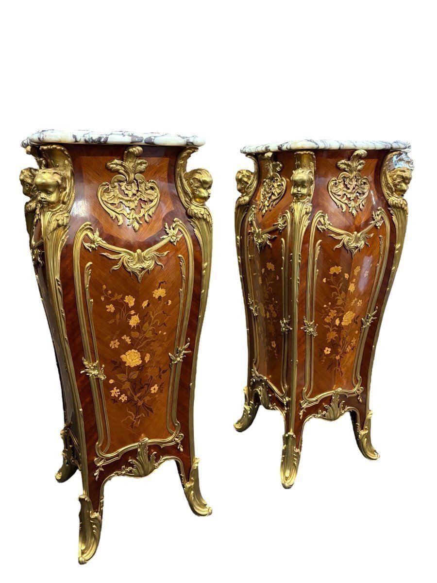 Pair Of Large Louis XV-style Columns In Marquetry And Bronze, 20th Century.-photo-6