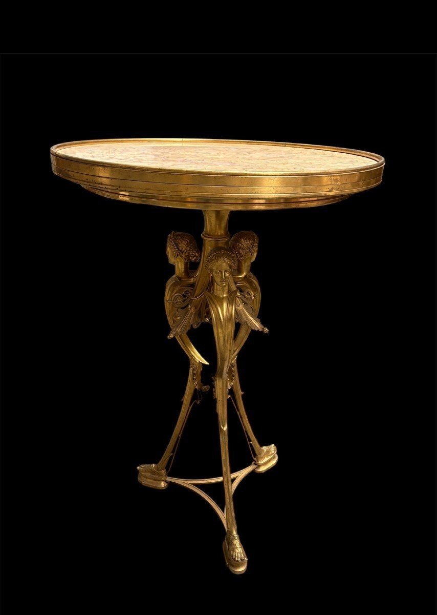 Gilded Bronze And Marble Pedestal Table, Signed By F. Barbedienne, 19th Century.-photo-3