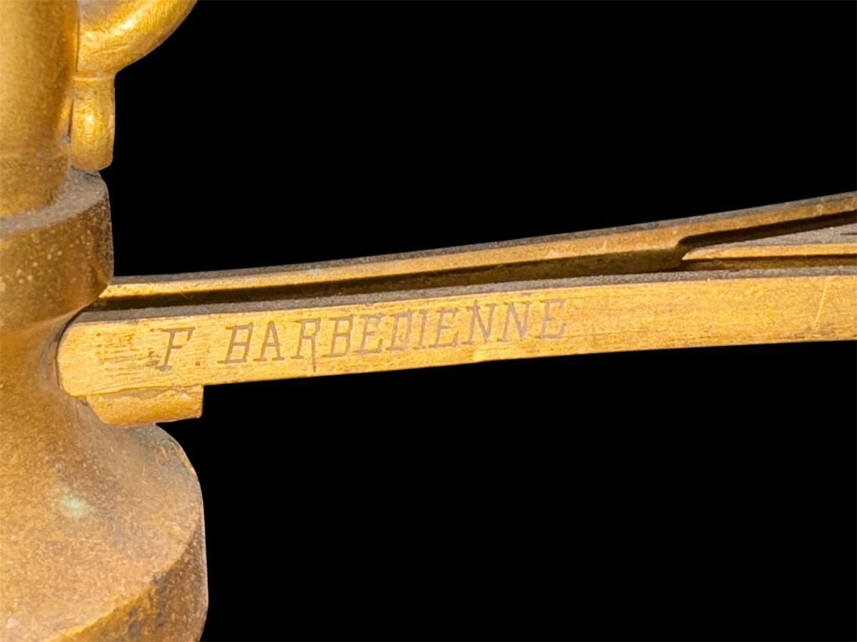 Gilded Bronze And Marble Pedestal Table, Signed By F. Barbedienne, 19th Century.-photo-6