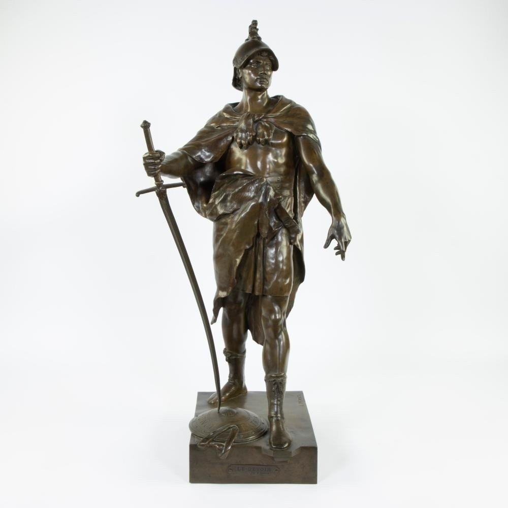 Large Bronze Sculpture "le Devoir" (honor Patria) By E. Picault, 19th Century (78 Cm).-photo-2