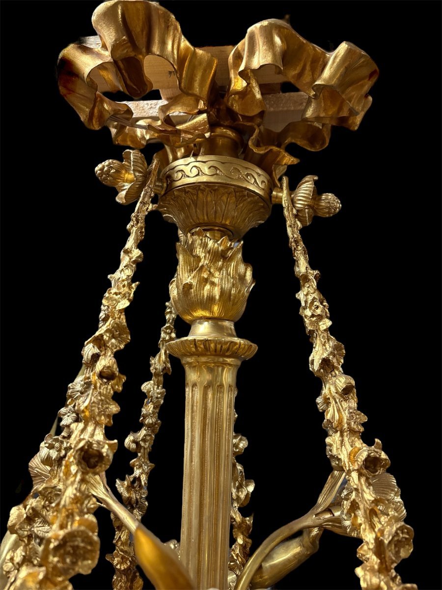 A Pair Of Large 20th-century Gilded Bronze Chandeliers Depicting Three Mythological Women.-photo-4