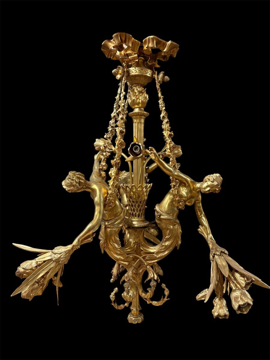A Pair Of Large 20th-century Gilded Bronze Chandeliers Depicting Three Mythological Women.-photo-2