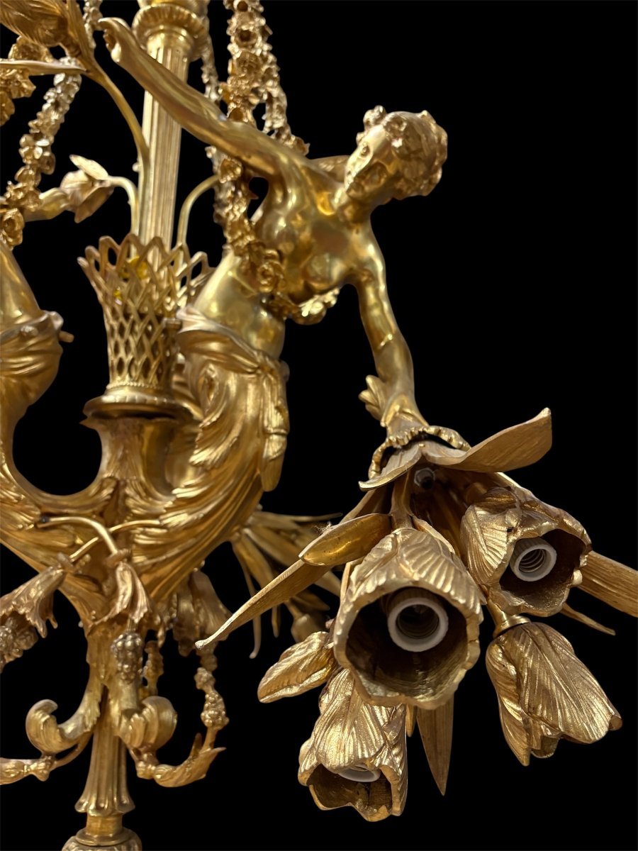 A Pair Of Large 20th-century Gilded Bronze Chandeliers Depicting Three Mythological Women.-photo-3