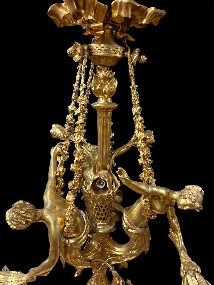 A Pair Of Large 20th-century Gilded Bronze Chandeliers Depicting Three Mythological Women.-photo-1