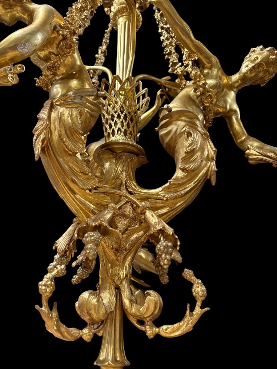 A Pair Of Large 20th-century Gilded Bronze Chandeliers Depicting Three Mythological Women.-photo-2