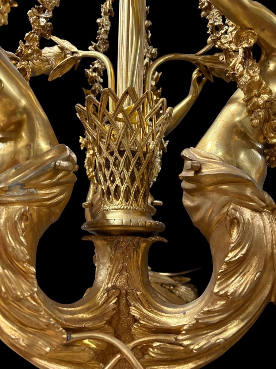 A Pair Of Large 20th-century Gilded Bronze Chandeliers Depicting Three Mythological Women.-photo-3