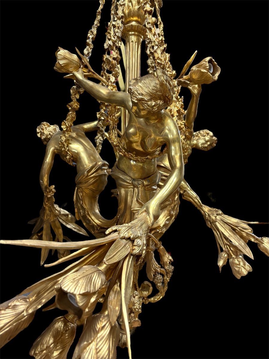A Pair Of Large 20th-century Gilded Bronze Chandeliers Depicting Three Mythological Women.-photo-6