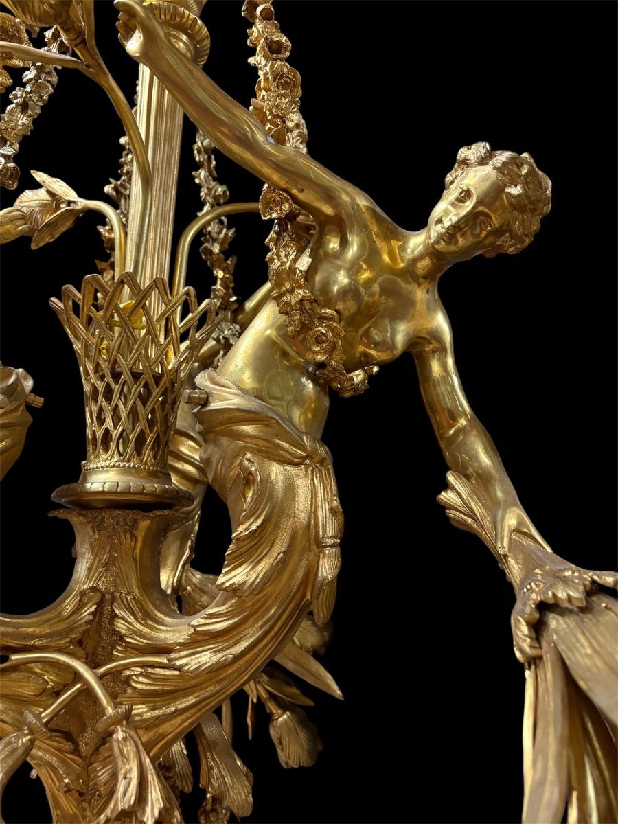 A Pair Of Large 20th-century Gilded Bronze Chandeliers Depicting Three Mythological Women.-photo-7