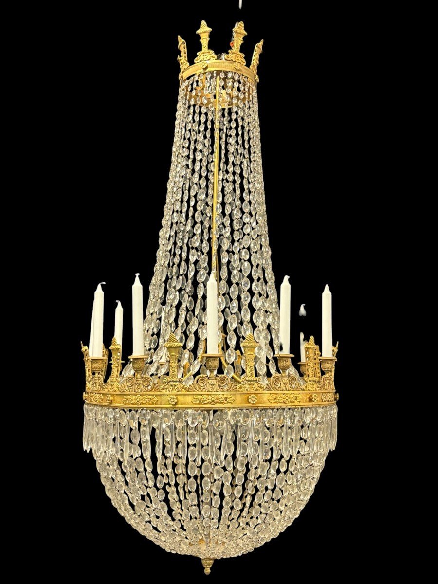 Very Large (148 Cm) "pearl Bag" Chandelier In The Empire Style, Circa 1900