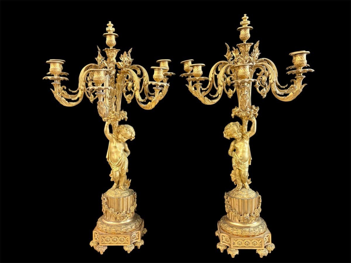 Grand garniture de cheminée en bronze doré. Paris, XIXe siècle.-photo-4