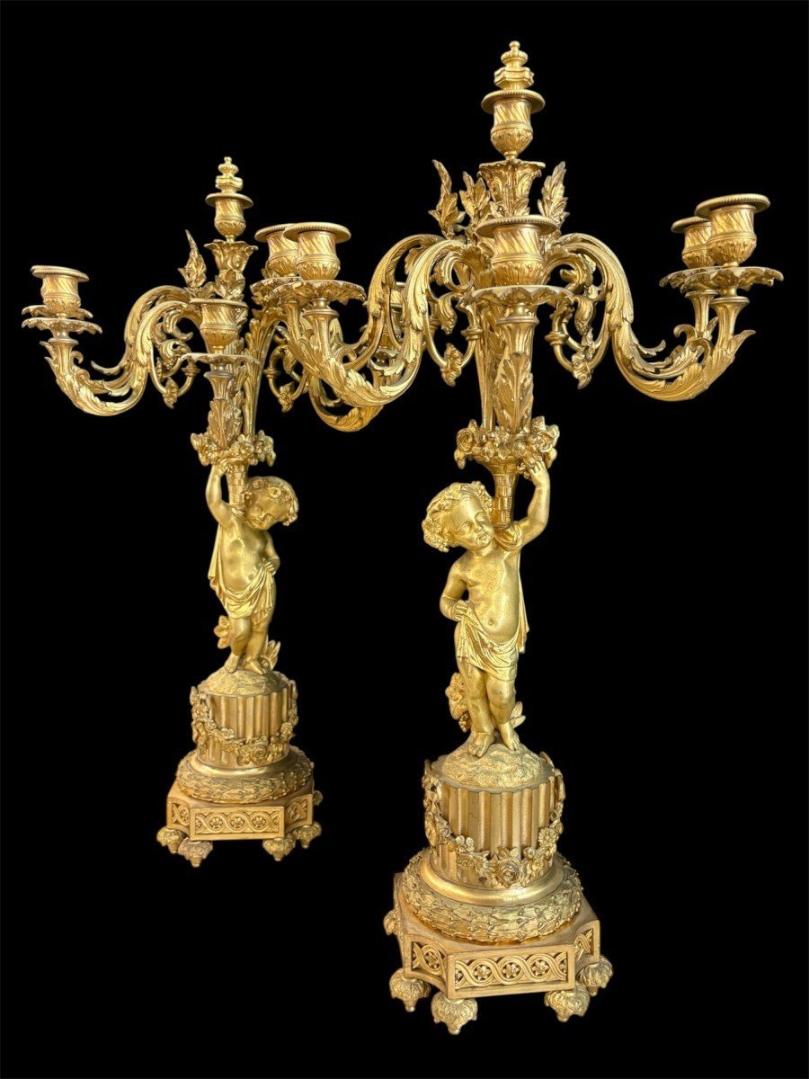 Grand garniture de cheminée en bronze doré. Paris, XIXe siècle.-photo-5