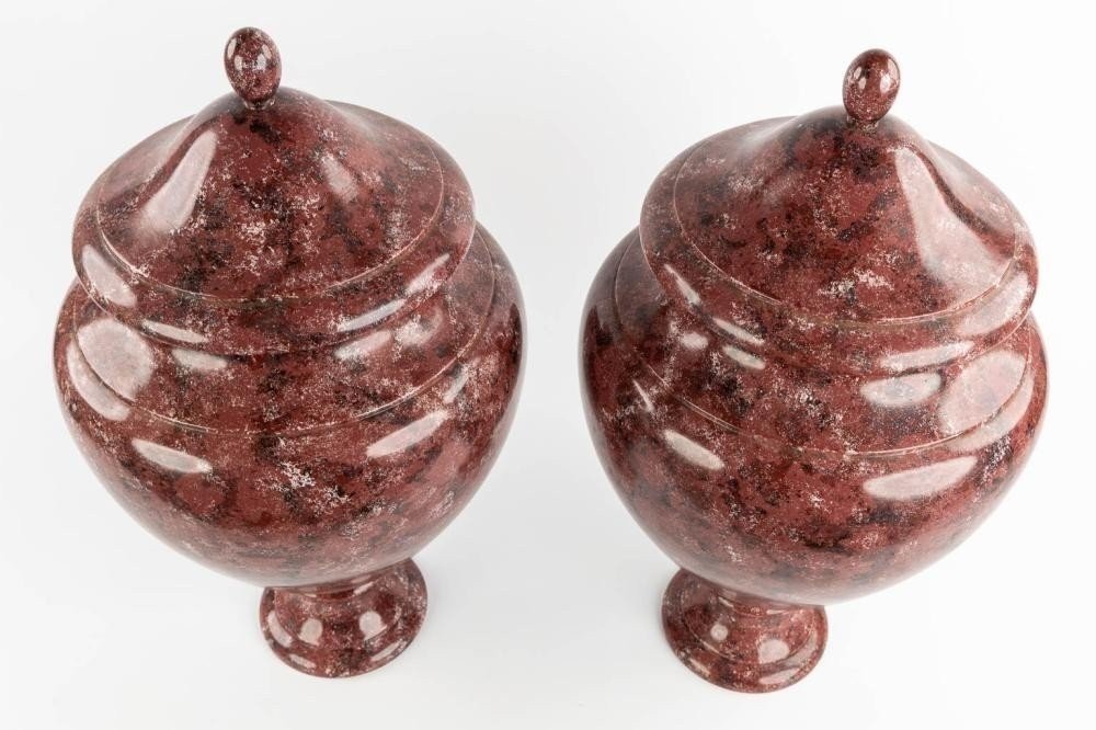 Pair Of Wooden Vases With Lids, Painted To Resemble Porphyry, 20th Century. (62 Cm)-photo-1