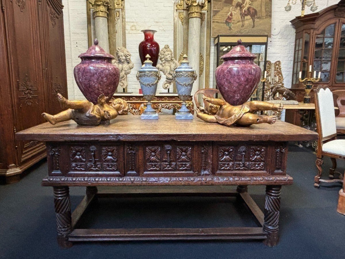 Pair Of Wooden Vases With Lids, Painted To Resemble Porphyry, 20th Century. (62 Cm)-photo-7
