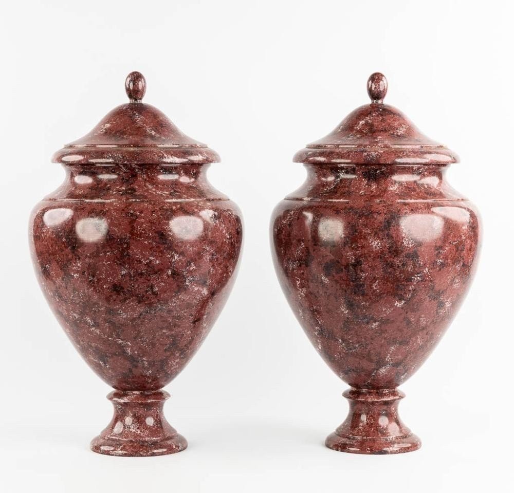 Pair Of Wooden Vases With Lids, Painted To Resemble Porphyry, 20th Century. (62 Cm)