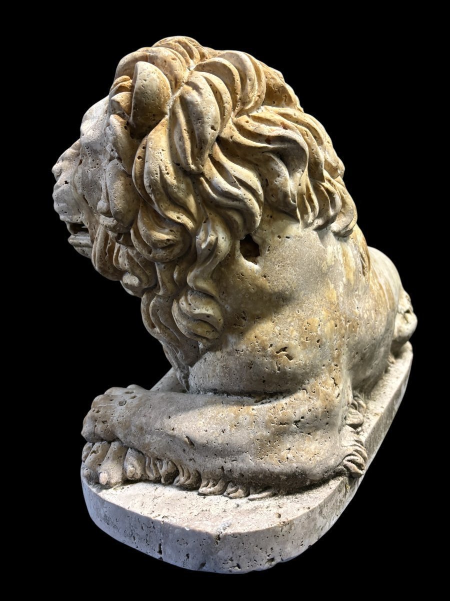 Large Renaissance-style Lion Sculpture In Travertine, 20th Century (61 Cm)-photo-3