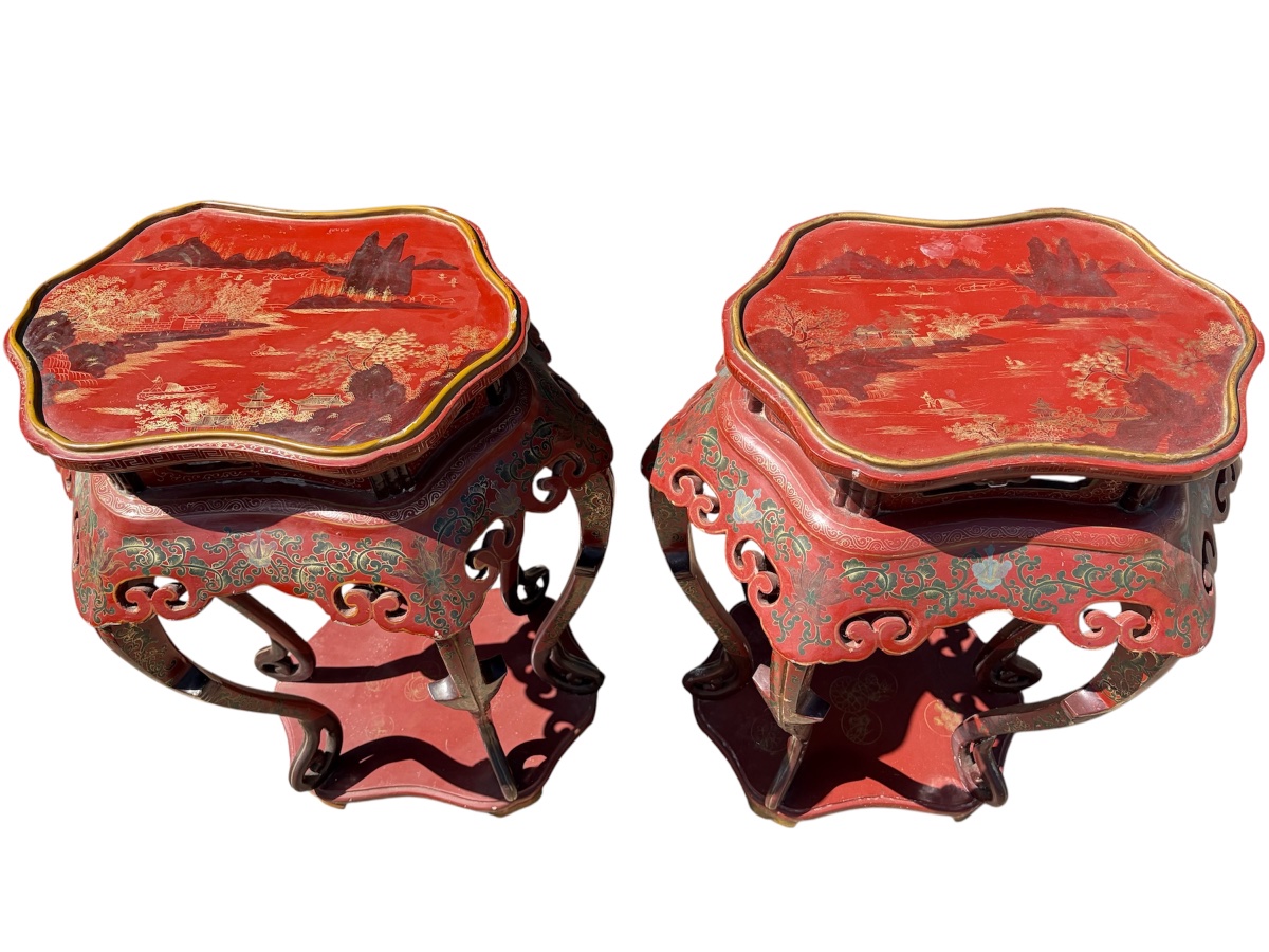 A Set Of Chinese Tables In Red And Gold Lacquer -photo-4