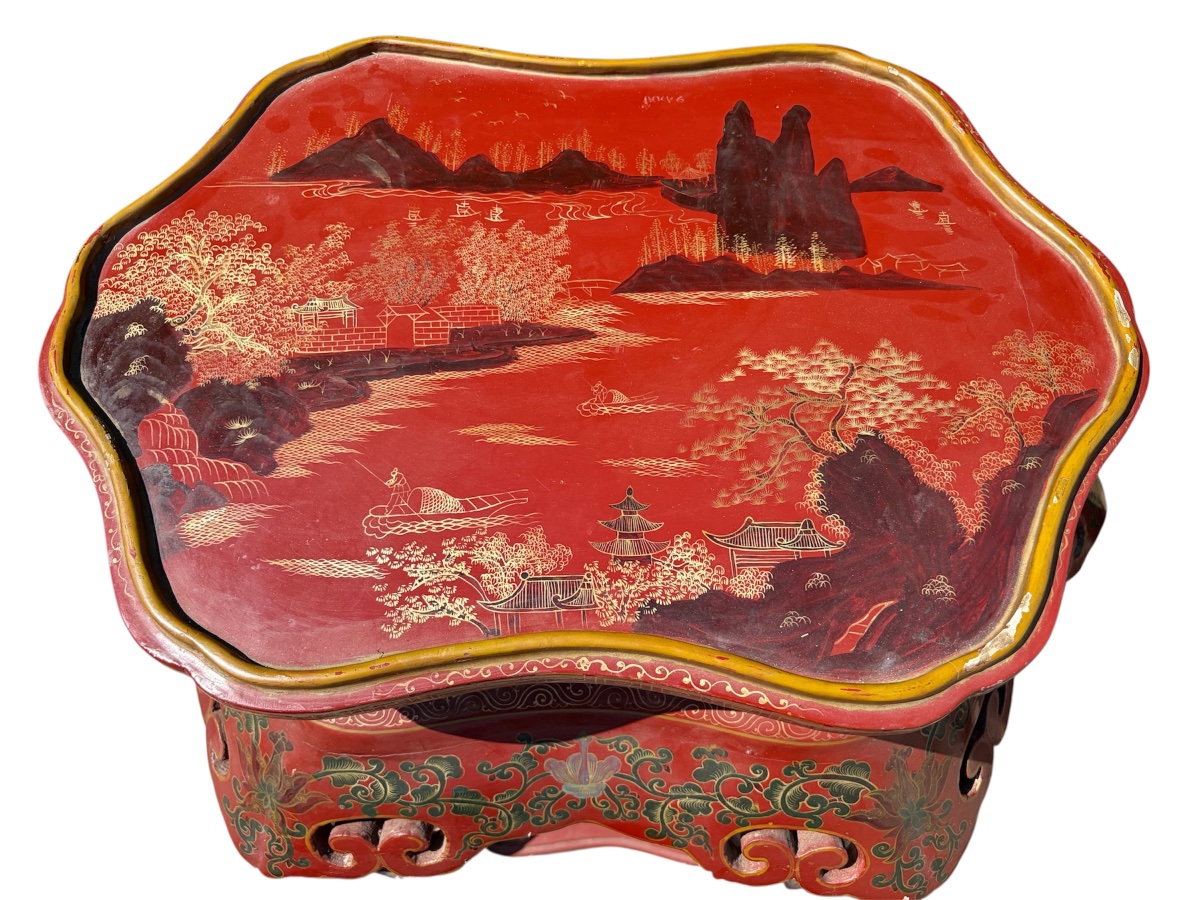 A Set Of Chinese Tables In Red And Gold Lacquer -photo-3
