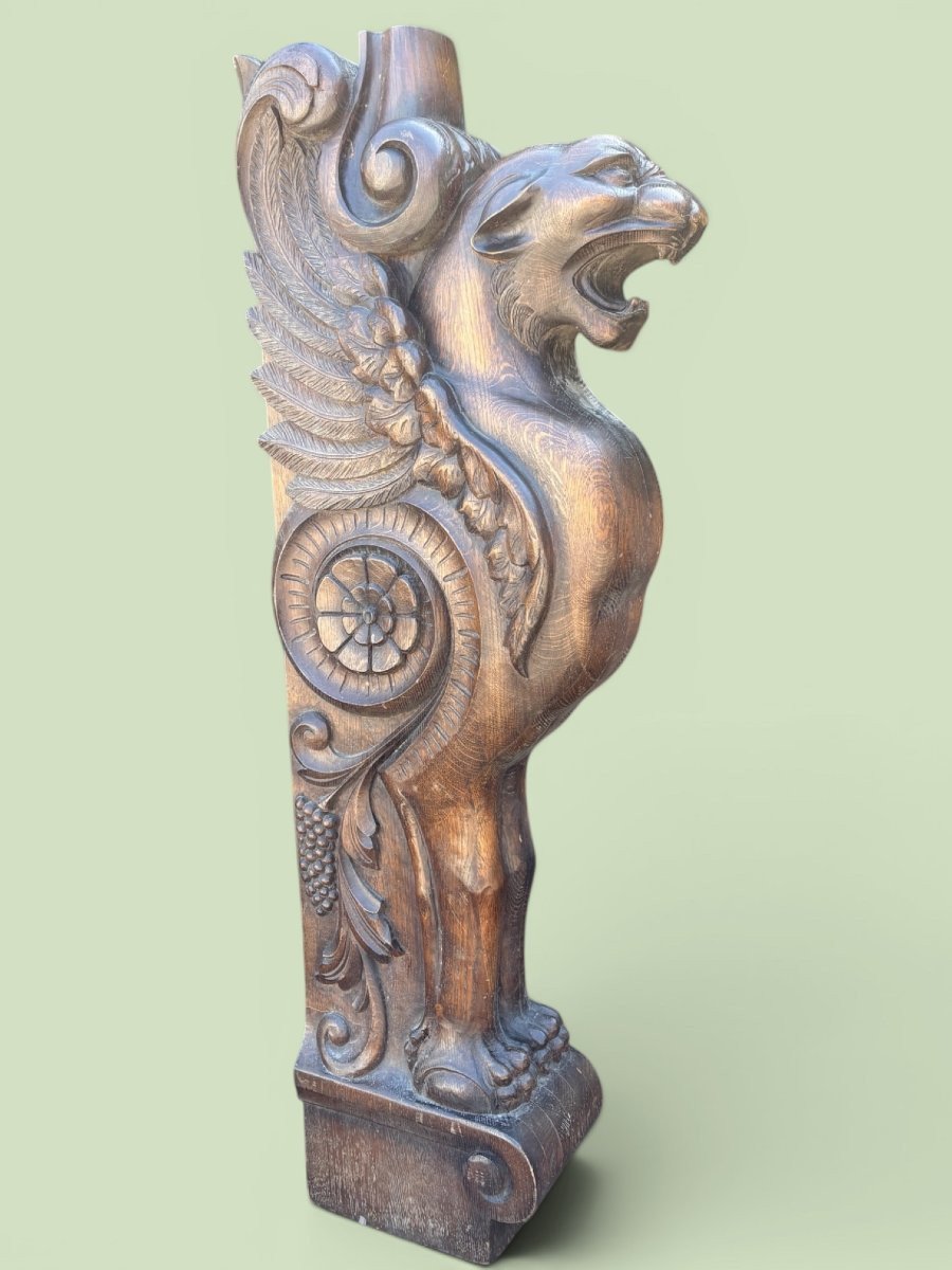 Grande sculpture ( 127 cm ) en chêne « panthère ailée » de style Empire, fin 19ème.-photo-2