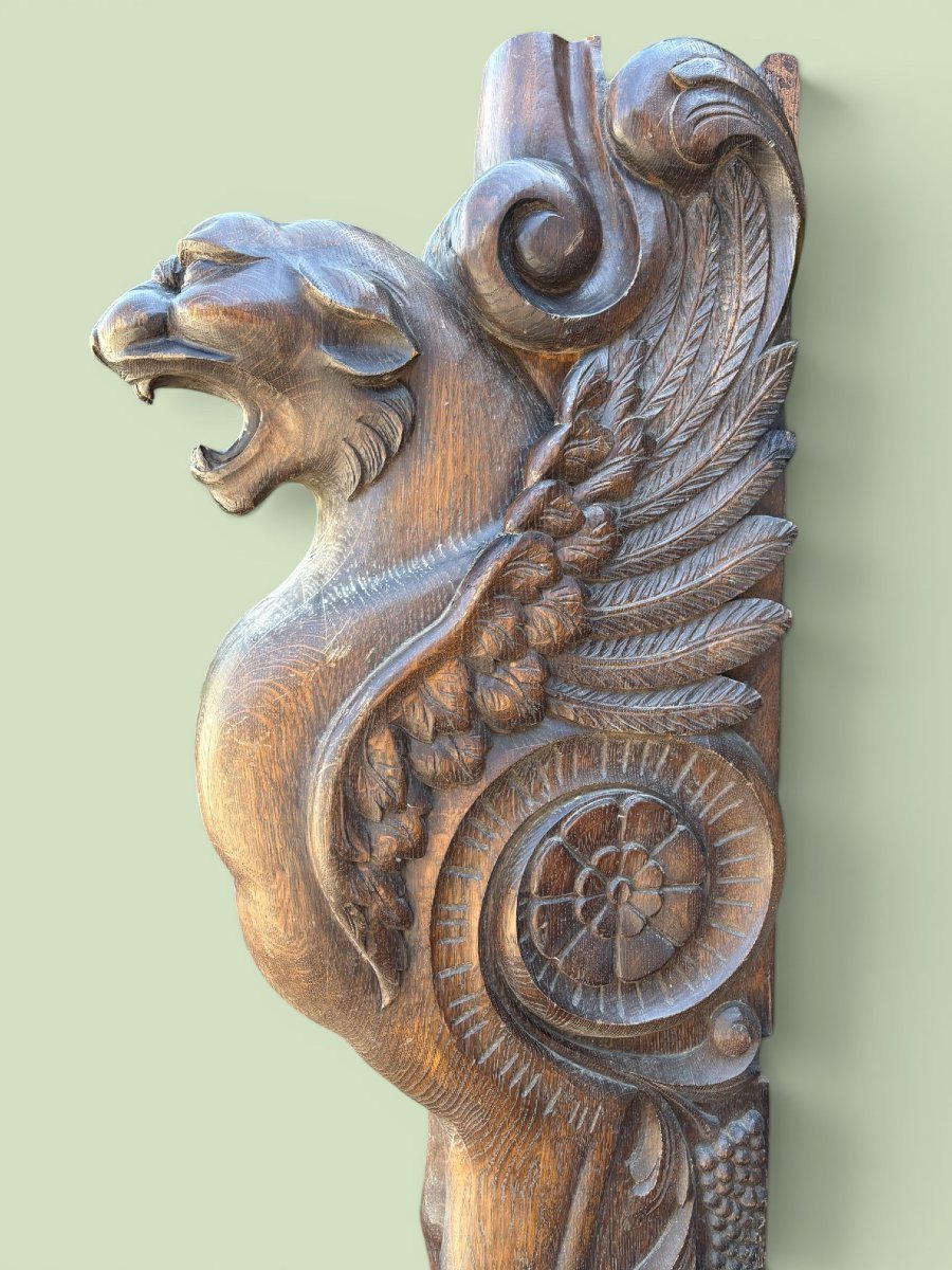 Grande sculpture ( 127 cm ) en chêne « panthère ailée » de style Empire, fin 19ème.-photo-3