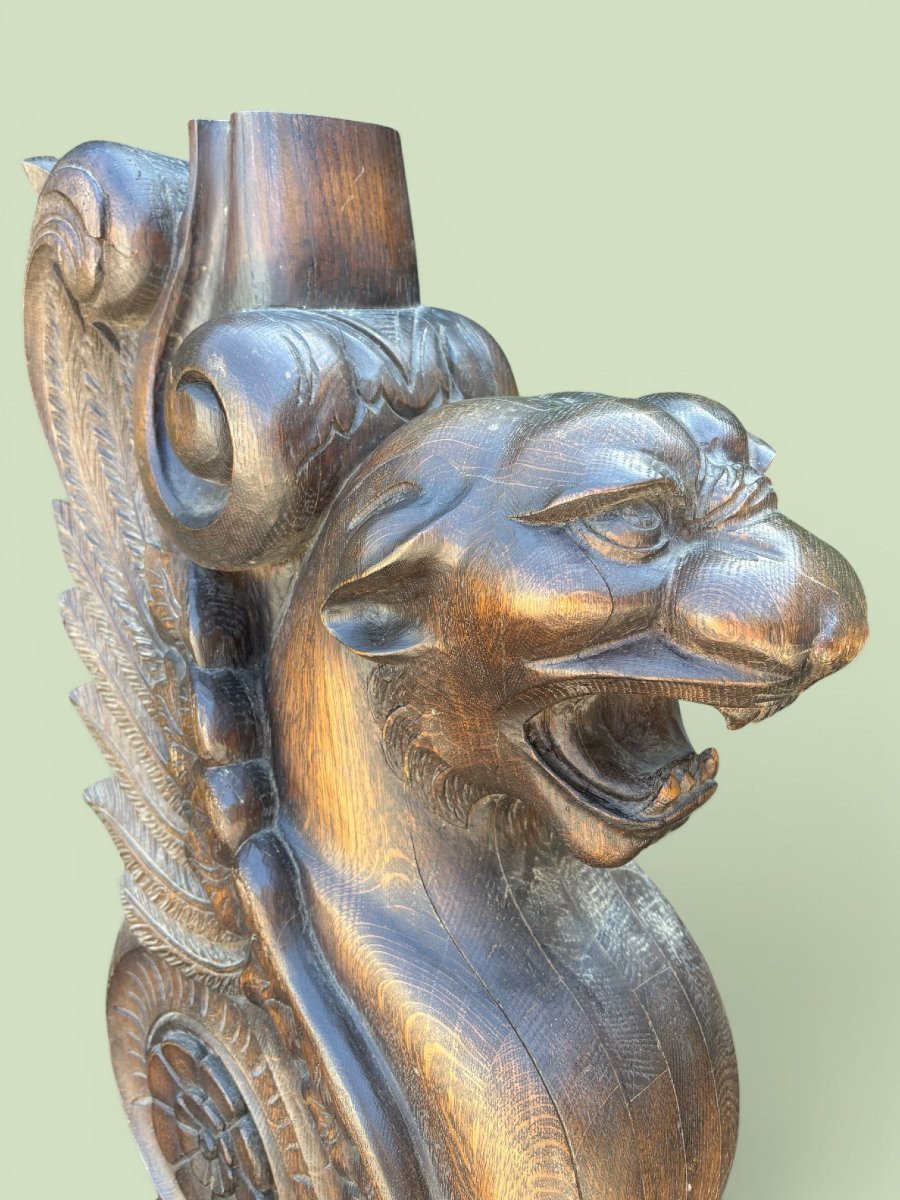 Grande sculpture ( 127 cm ) en chêne « panthère ailée » de style Empire, fin 19ème.-photo-4