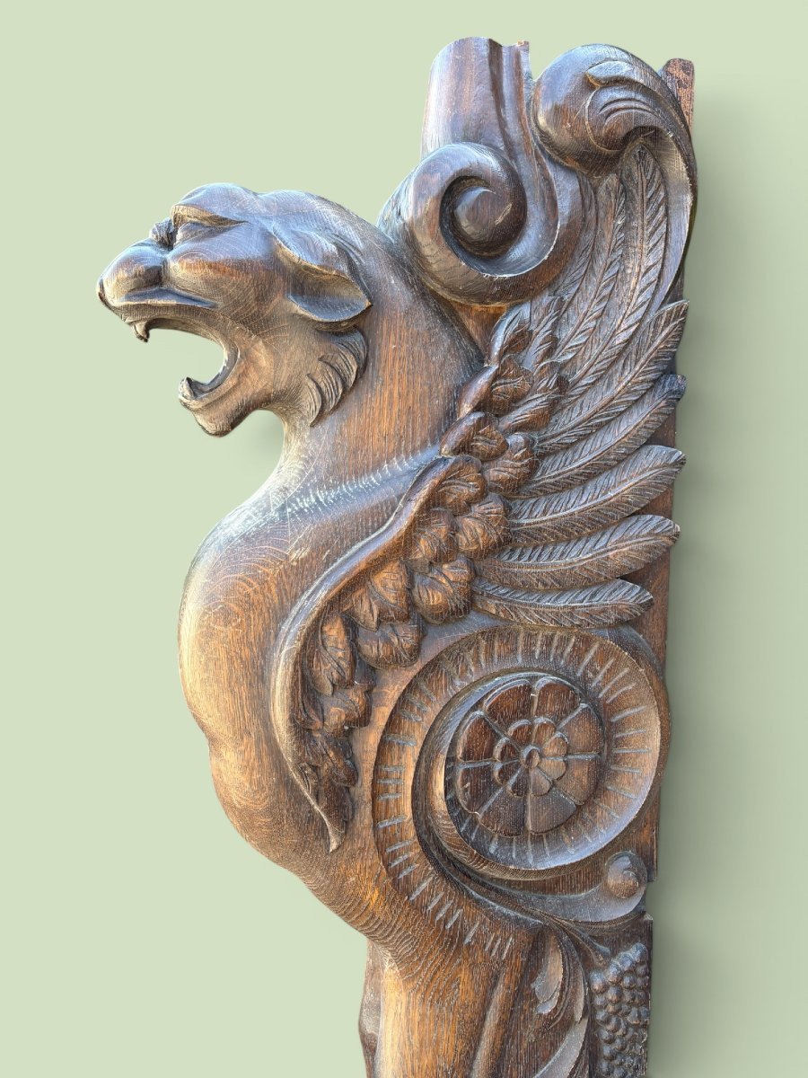 Grande sculpture ( 127 cm ) en chêne « panthère ailée » de style Empire, fin 19ème.-photo-3
