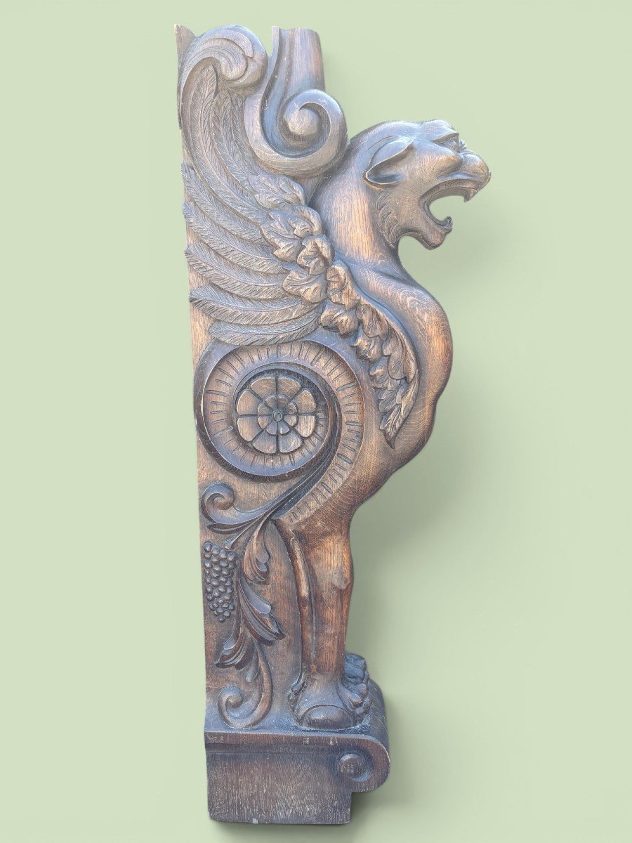 Grande sculpture ( 127 cm ) en chêne « panthère ailée » de style Empire, fin 19ème.-photo-8