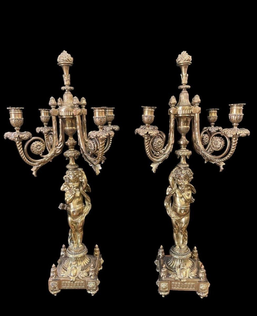 Pair Of Large 19th-century Bronze Candelabras With Angels (76 Cm)-photo-2