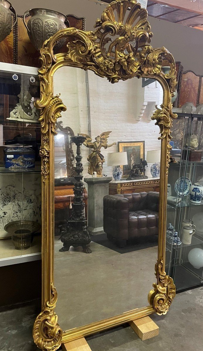 Grand Miroir De Style Louis XV Avec Putti En Bois Doré 19ème.-photo-2