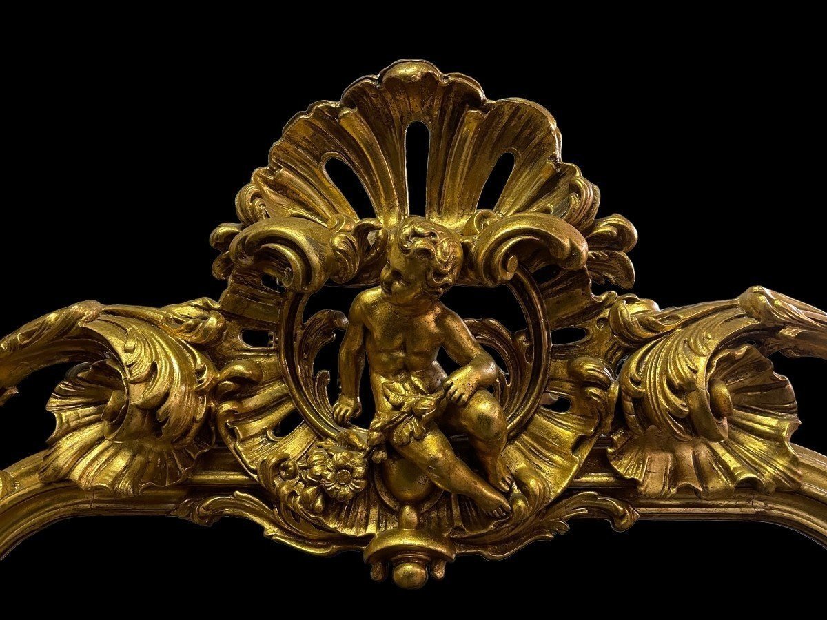 Grand Miroir De Style Louis XV Avec Putti En Bois Doré 19ème.-photo-3