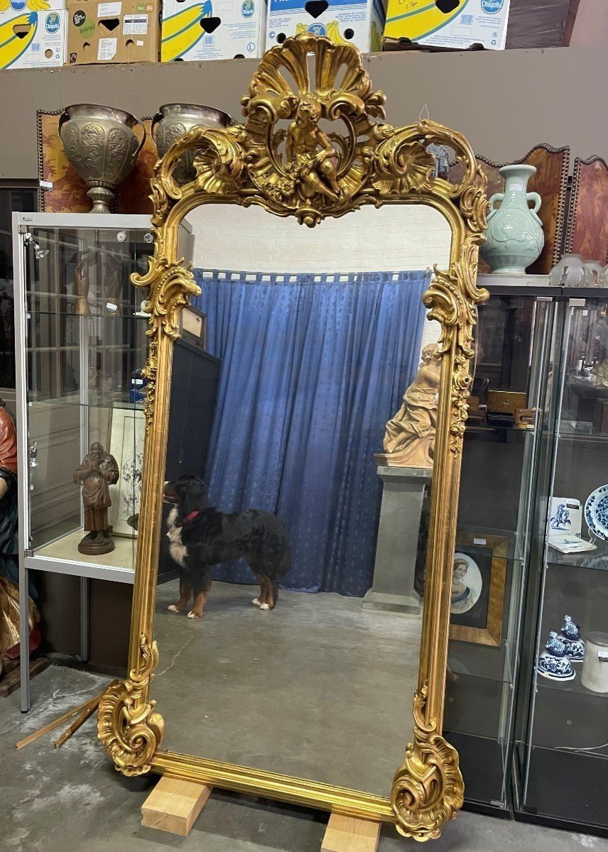 Grand Miroir De Style Louis XV Avec Putti En Bois Doré 19ème.-photo-4