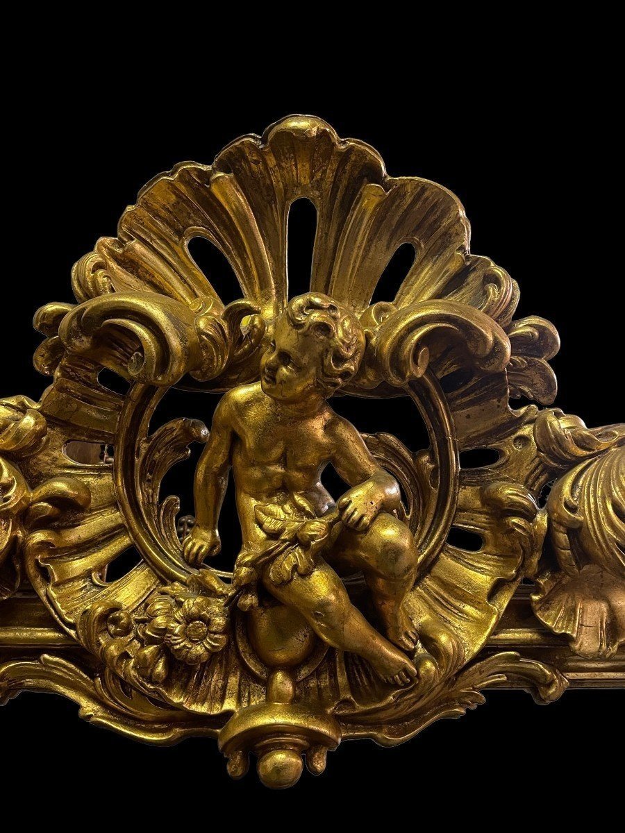 Grand Miroir De Style Louis XV Avec Putti En Bois Doré 19ème.-photo-2